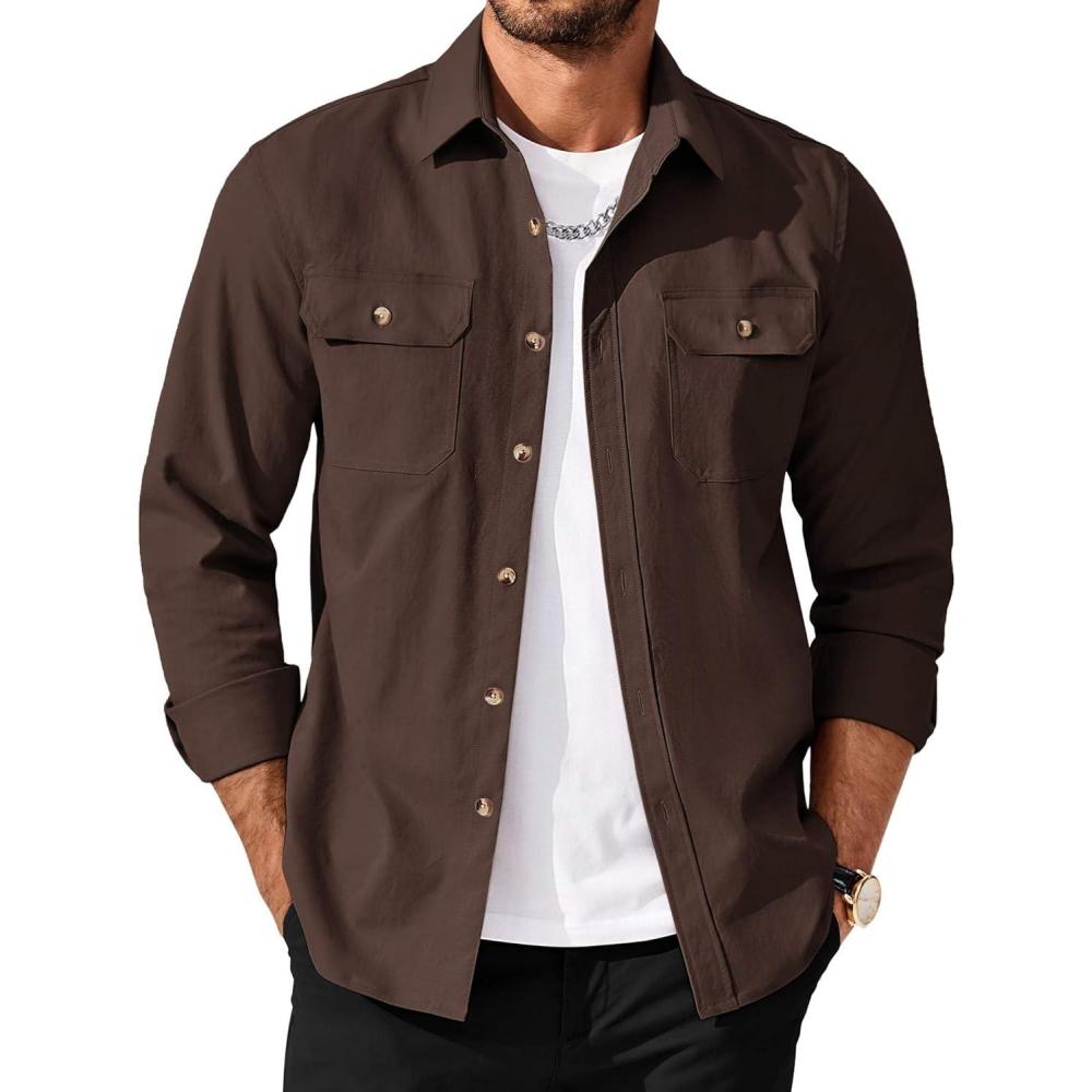 imageCOOFANDY Mens Long Sleeve Button Up Shirt Jacket with Flap PocketsCoffee
