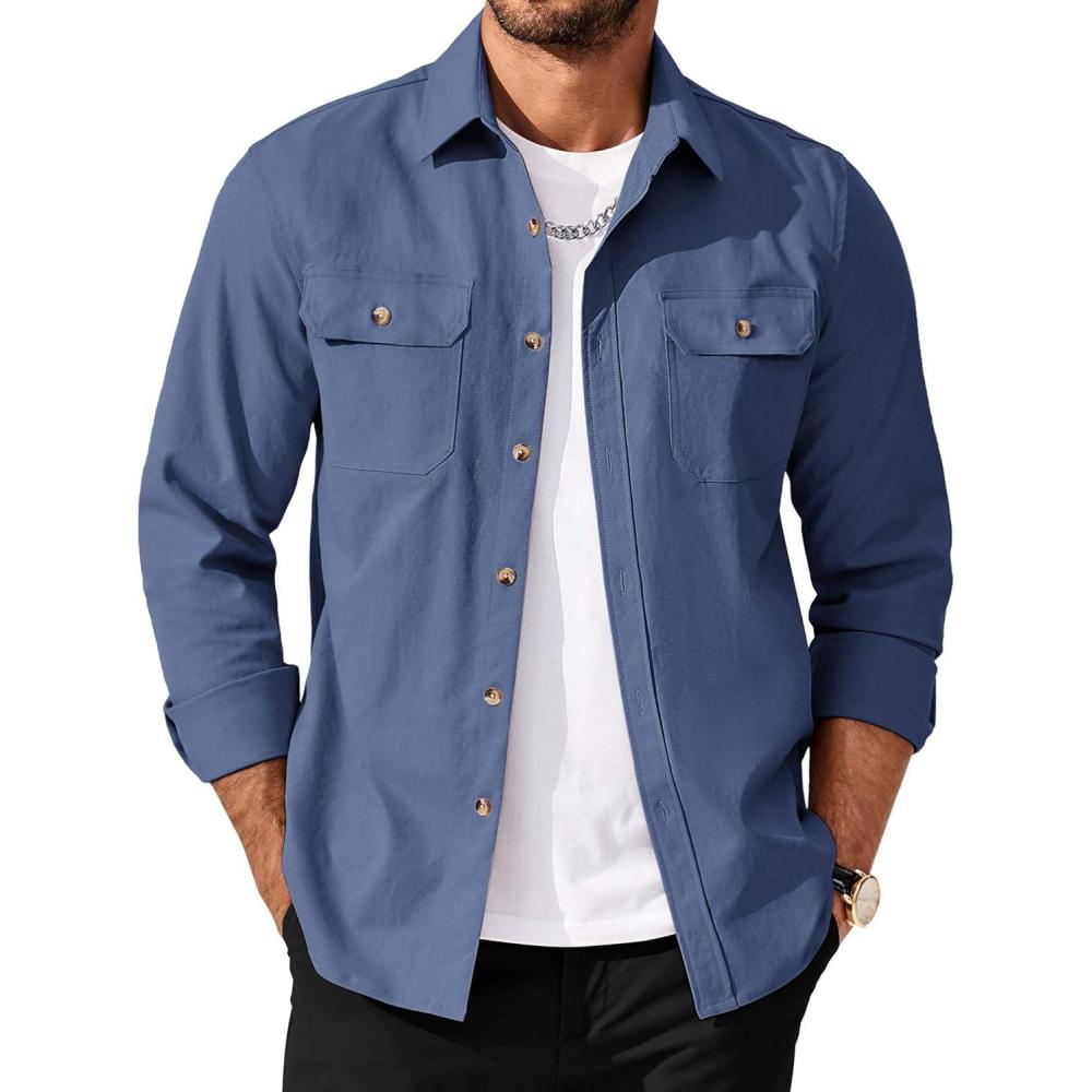 imageCOOFANDY Mens Long Sleeve Button Up Shirt Jacket with Flap PocketsDenim Blue