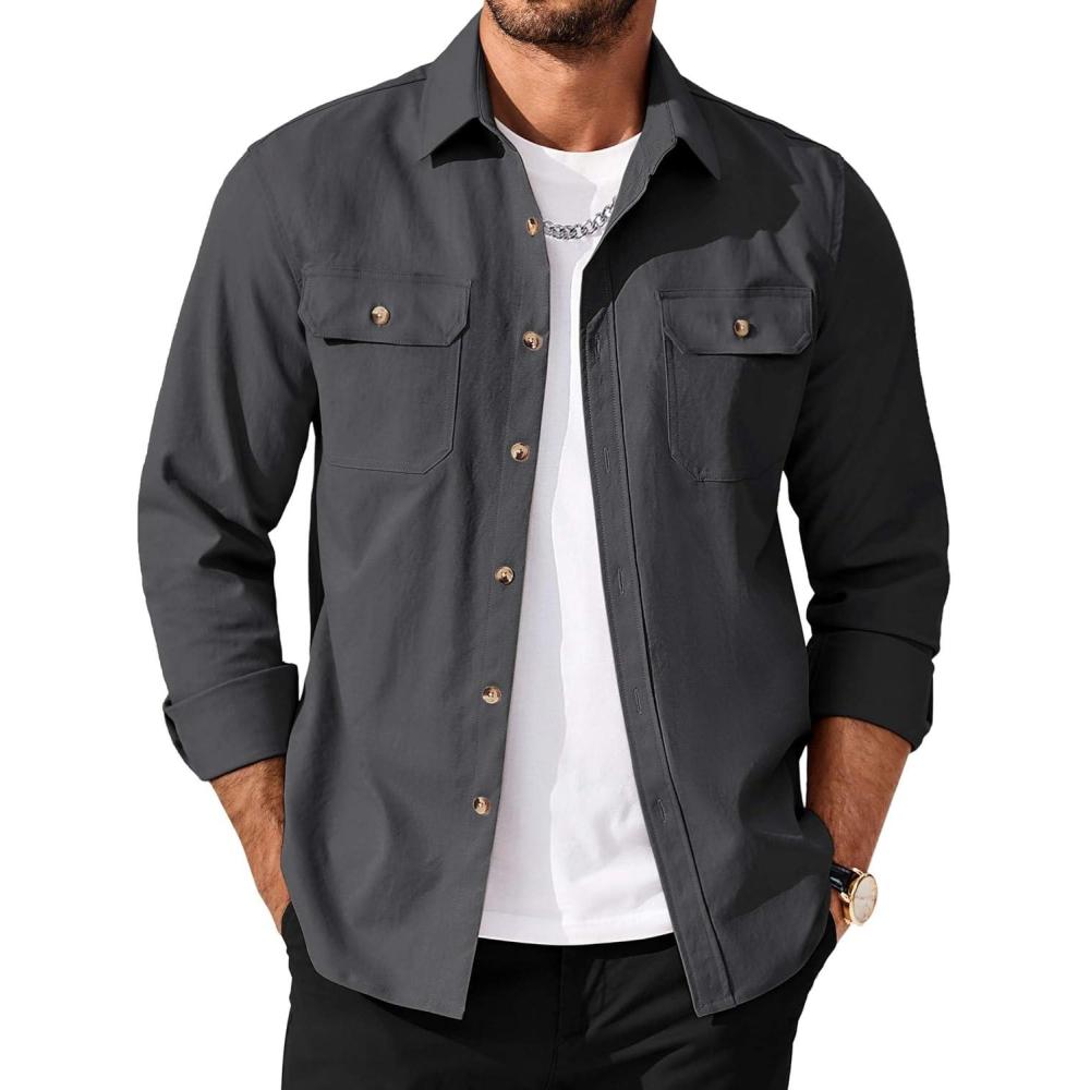 imageCOOFANDY Mens Long Sleeve Button Up Shirt Jacket with Flap PocketsGray