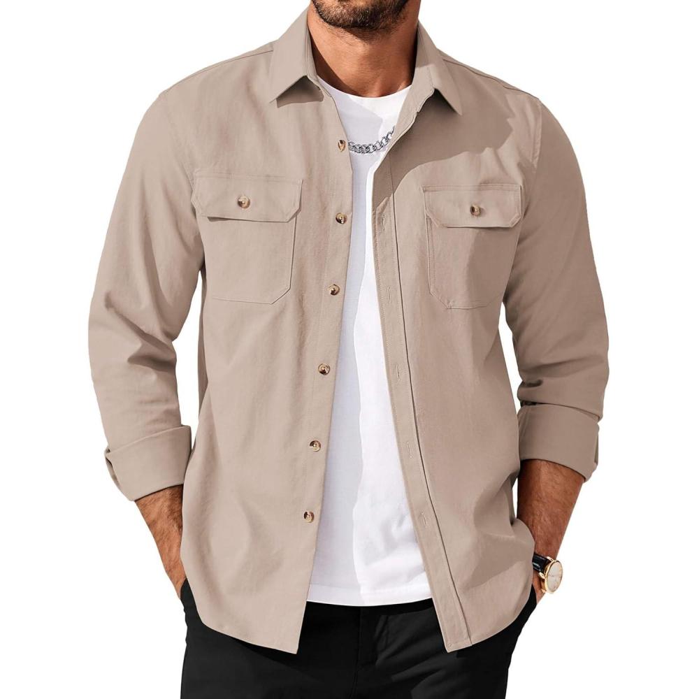 imageCOOFANDY Mens Long Sleeve Button Up Shirt Jacket with Flap PocketsLight Khaki