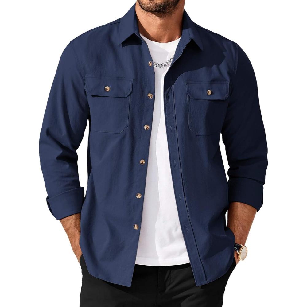 imageCOOFANDY Mens Long Sleeve Button Up Shirt Jacket with Flap PocketsNavy Blue
