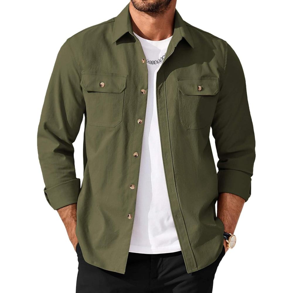 imageCOOFANDY Mens Long Sleeve Button Up Shirt Jacket with Flap PocketsOlive Green