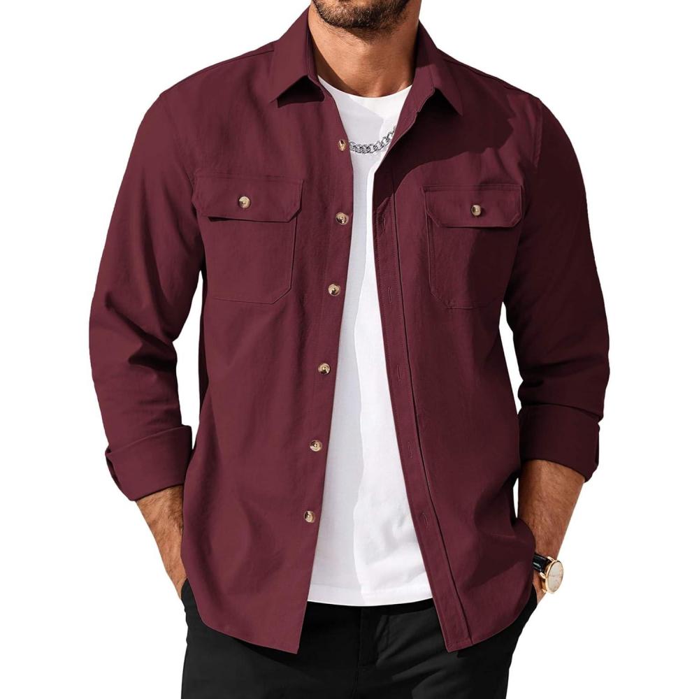 imageCOOFANDY Mens Long Sleeve Button Up Shirt Jacket with Flap PocketsWine Red