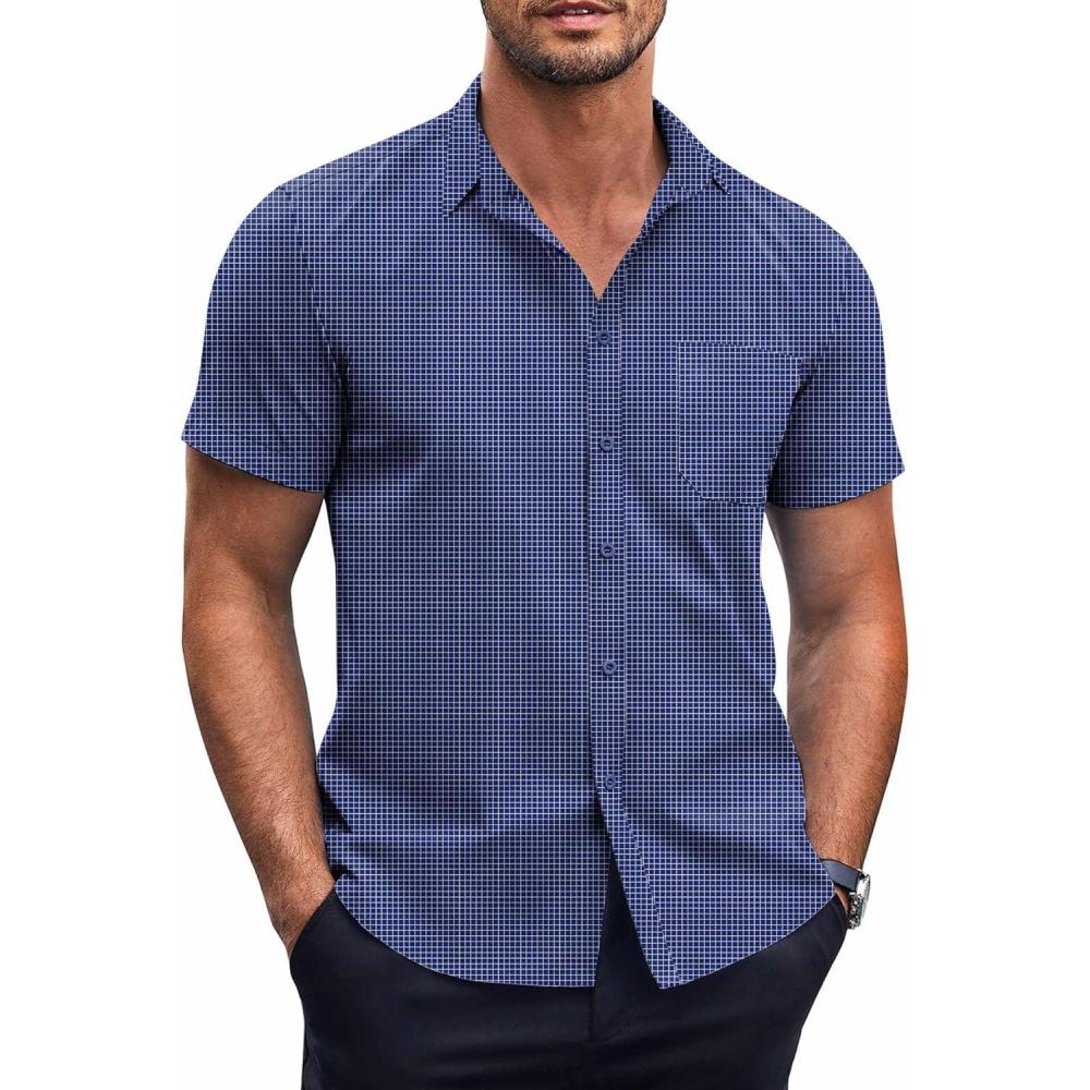 imageCOOFANDY Mens Short Sleeve Button Down Shirts Wrinkle Free Dress Shirts Casual Polka Dot Print Shirt with PocketBlue Plaidsquare