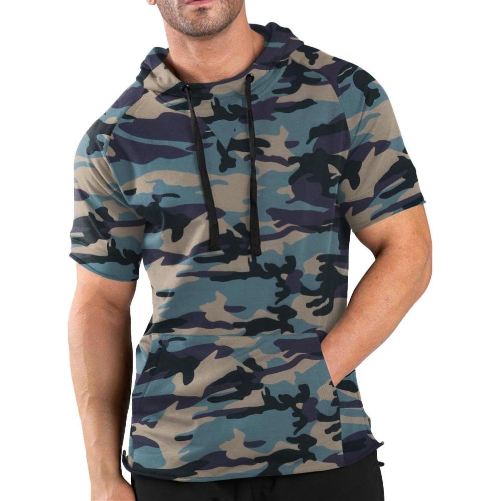 imageCOOFANDY Mens Short Sleeve Hoodie Workout Gym Sweatshirt Muscle Fit Fashion Athletic Hoodies Pullover Cotton Hooded TShirtsZcamo