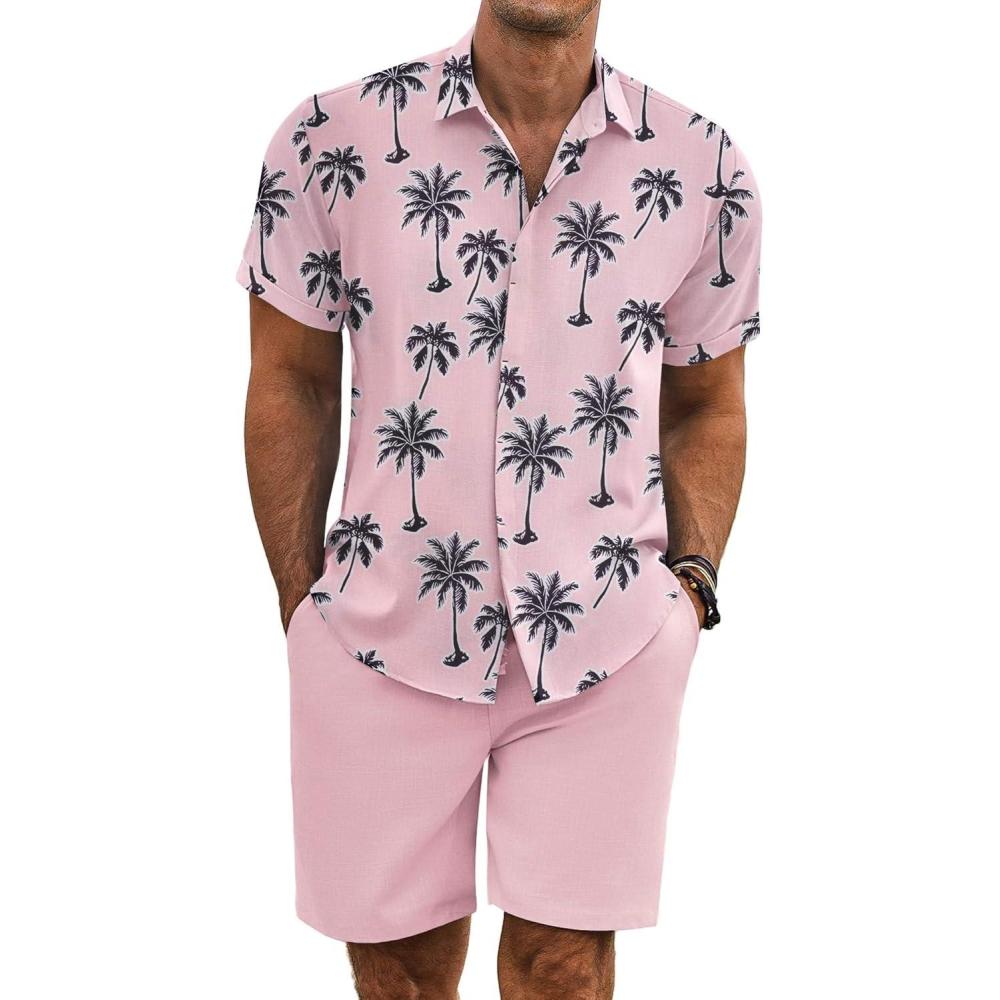 imageCOOFANDY Mens Summer Beach Outfits 2 Piece Short Sleeve Shirts and Shorts Vacation Texture Linen Sets for MenPink Leaf