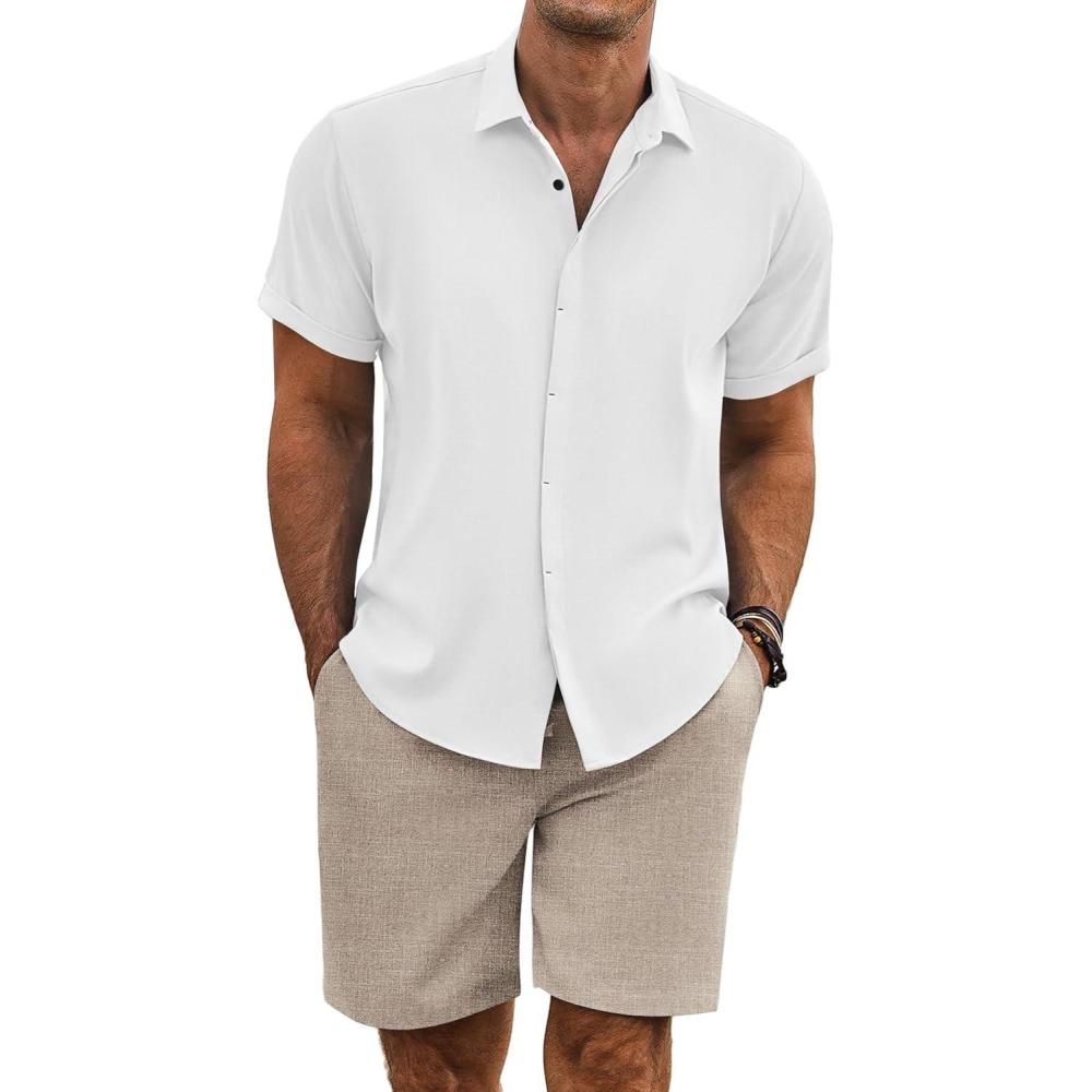 imageCOOFANDY Mens Summer Beach Outfits 2 Piece Short Sleeve Shirts and Shorts Vacation Texture Linen Sets for MenWhiteKhaki