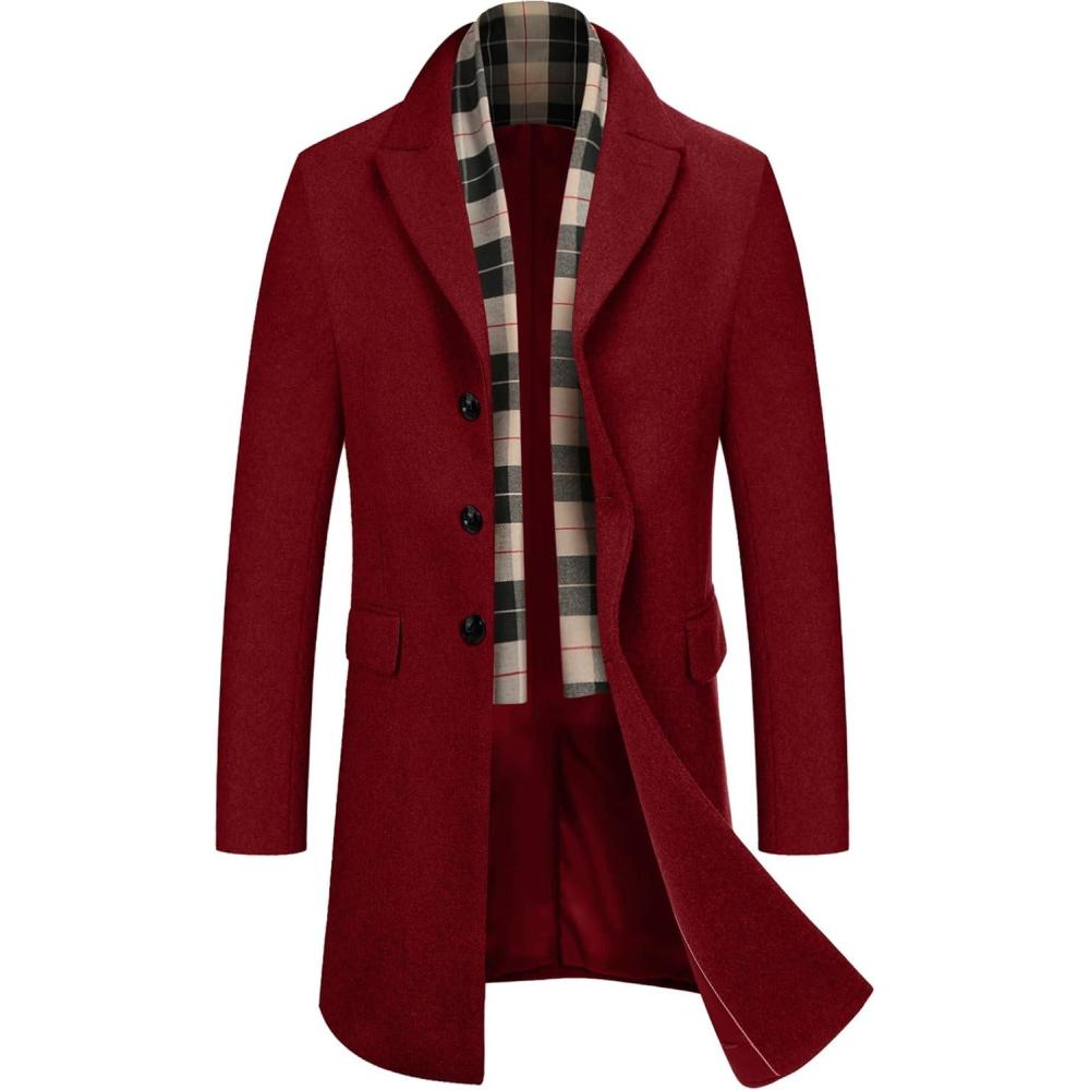 imageCOOFANDY Mens Wool Blend Coat with Detachable Plaid Scarfs Notched Collar Single Breasted Pea Coat Trench OvercoatRed