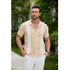 COOFANDY Men’s Knit Button Down Shirt Vintage Short Sleeve Polo Shirts Casual Beach Tops(Z Stripe – Khaki White)