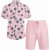 COOFANDY Men’s Summer Beach Outfits 2 Piece Short Sleeve Shirts and Shorts Vacation Texture Linen Sets for Men(Pink Leaf)