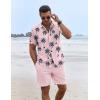 COOFANDY Men’s Summer Beach Outfits 2 Piece Short Sleeve Shirts and Shorts Vacation Texture Linen Sets for Men(Pink Leaf)
