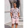 COOFANDY Men’s Summer Beach Outfits 2 Piece Short Sleeve Shirts and Shorts Vacation Texture Linen Sets for Men(Pink Leaf)