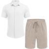 COOFANDY Men’s Summer Beach Outfits 2 Piece Short Sleeve Shirts and Shorts Vacation Texture Linen Sets for Men(White/Khaki)
