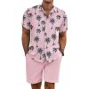 COOFANDY Men’s Summer Beach Outfits 2 Piece Short Sleeve Shirts and Shorts Vacation Texture Linen Sets for Men(Pink Leaf)