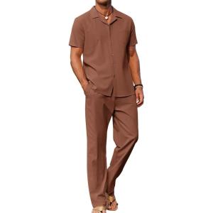COOFANDY Men 2 Piece Linen Outfit Beach Button Down Shirt Casual Loose Pant Sets(Caramel)