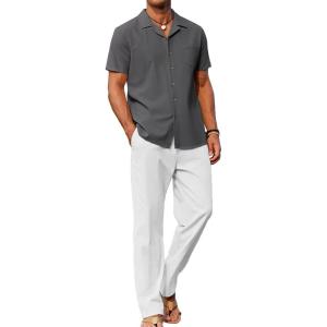 COOFANDY Men 2 Piece Linen Outfit Beach Button Down Shirt Casual Loose Pant Sets(Dark Gray Shirt/White Pants)