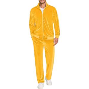 COOFANDY Mens 2 Piece Velour Tracksuit Full Zip Jackets Pants Velvet Jogging Suits Sweatsuit Set(Yellow)