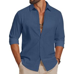 COOFANDY Men’s Casual Button Down Shirts Long Sleeve Cotton Beach Wedding Shirt Summer Linen Shirt for Men(Dark Blue)