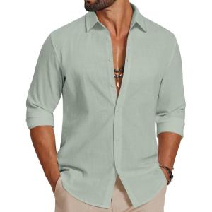 COOFANDY Men’s Casual Button Down Shirts Long Sleeve Cotton Beach Wedding Shirt Summer Linen Shirt for Men(Light Green)
