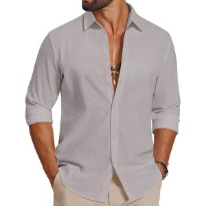 COOFANDY Men’s Casual Button Down Shirts Long Sleeve Cotton Beach Wedding Shirt Summer Linen Shirt for Men(Light Grey)