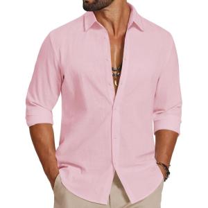 COOFANDY Men’s Casual Button Down Shirts Long Sleeve Cotton Beach Wedding Shirt Summer Linen Shirt for Men(Pink)