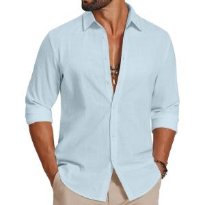 COOFANDY Men’s Casual Button Down Shirts Long Sleeve Cotton Beach Wedding Shirt Summer Linen Shirt for Men(Sky Blue)