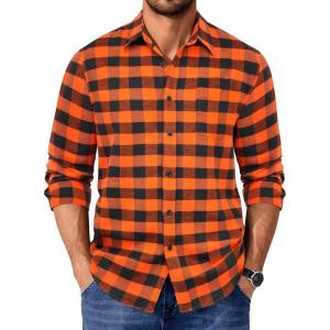 COOFANDY Men’s Casual Long Sleeve Button Up Plaid Flannel Shirt Jacket with Pocket(Buffalo Black Orange)