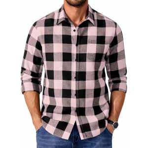 COOFANDY Men’s Casual Long Sleeve Button Up Plaid Flannel Shirt Jacket with Pocket(Buffalo Black Pink)