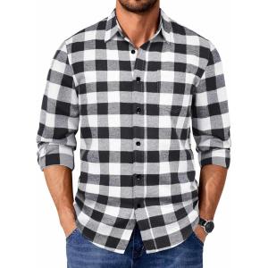COOFANDY Men’s Casual Long Sleeve Button Up Plaid Flannel Shirt Jacket with Pocket(Buffalo Black White)