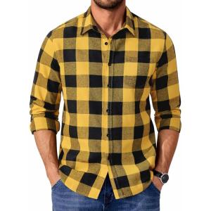COOFANDY Men’s Casual Long Sleeve Button Up Plaid Flannel Shirt Jacket with Pocket(Buffalo Black Yellow)