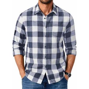 COOFANDY Men’s Casual Long Sleeve Button Up Plaid Flannel Shirt Jacket with Pocket(Buffalo Blue White)