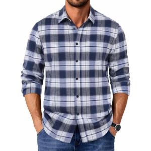 COOFANDY Men’s Casual Long Sleeve Button Up Plaid Flannel Shirt Jacket with Pocket(Plaid – Navy White)