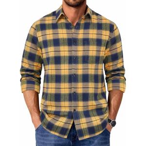 COOFANDY Men’s Casual Long Sleeve Button Up Plaid Flannel Shirt Jacket with Pocket(Plaid – Navy Yellow)