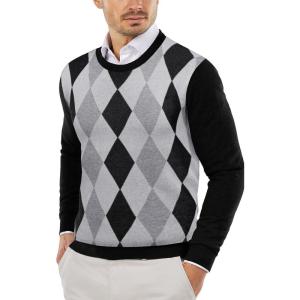 COOFANDY Men’s Crewneck Sweaters Long Sleeve Dress Knit Sweater Lightweight Slim Fit Pullover Sweaters(Black Argyle)