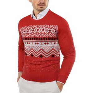 COOFANDY Men’s Crewneck Sweaters Long Sleeve Dress Knit Sweater Lightweight Slim Fit Pullover Sweaters(Christmas Red/White)