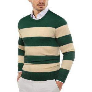 COOFANDY Men’s Crewneck Sweaters Long Sleeve Dress Knit Sweater Lightweight Slim Fit Pullover Sweaters(Green/Apricot Stripe)