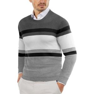 COOFANDY Men’s Crewneck Sweaters Long Sleeve Dress Knit Sweater Lightweight Slim Fit Pullover Sweaters(Grey/White)