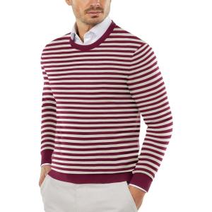COOFANDY Men’s Crewneck Sweaters Long Sleeve Dress Knit Sweater Lightweight Slim Fit Pullover Sweaters(Pinstripes White/Wine)