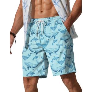 COOFANDY Men’s Hawaiian Beach Shorts Elastic Waist Drawstring Lightweight Summer Casual Shorts with Pocket(Ocean Whale)
