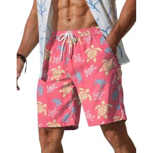 COOFANDY Men’s Hawaiian Beach Shorts Elastic Waist Drawstring Lightweight Summer Casual Shorts with Pocket(Pastel Turtles)