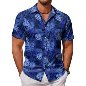 COOFANDY Mens Hawaiian Shirts Short Sleeve Button Down Aloha Shirt Casual Beach Clothes(Blue Plam Leaves)