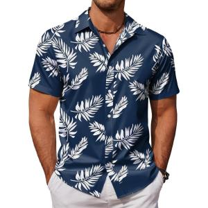 COOFANDY Mens Hawaiian Shirts Short Sleeve Button Down Aloha Shirt Casual Beach Clothes(Dark Blue Palm Leaves)