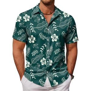 COOFANDY Mens Hawaiian Shirts Short Sleeve Button Down Aloha Shirt Casual Beach Clothes(Green Fern Leaves)