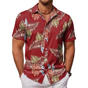 COOFANDY Mens Hawaiian Shirts Short Sleeve Button Down Aloha Shirt Casual Beach Clothes(Red Fern Leaves)