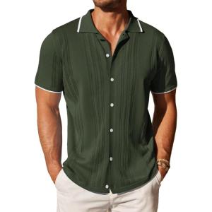 COOFANDY Men’s Knit Button Down Shirt Vintage Short Sleeve Polo Shirts Casual Beach Tops(Army Green)