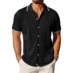 COOFANDY Men’s Knit Button Down Shirt Vintage Short Sleeve Polo Shirts Casual Beach Tops(Black)