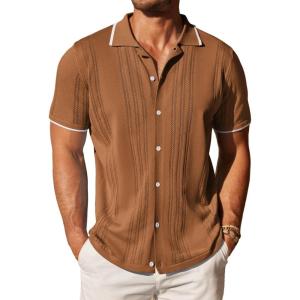 COOFANDY Men’s Knit Button Down Shirt Vintage Short Sleeve Polo Shirts Casual Beach Tops(Brown)