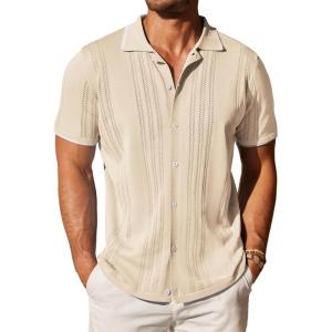 COOFANDY Men’s Knit Button Down Shirt Vintage Short Sleeve Polo Shirts Casual Beach Tops(Cream)
