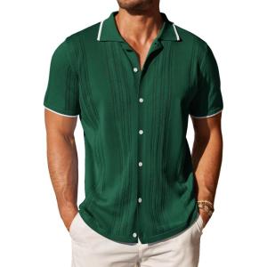 COOFANDY Men’s Knit Button Down Shirt Vintage Short Sleeve Polo Shirts Casual Beach Tops(Green)