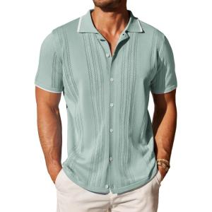 COOFANDY Men’s Knit Button Down Shirt Vintage Short Sleeve Polo Shirts Casual Beach Tops(Ice Green)